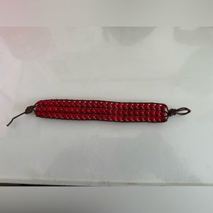Red Beaded Three Layered with Leather Bracelet